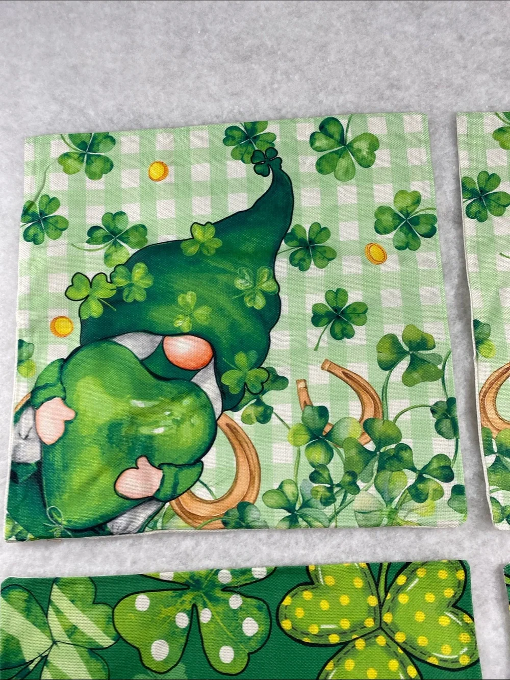 4 green Happy St. Patrick’s day themed pillow covers. Gnomes, clovers and gold
